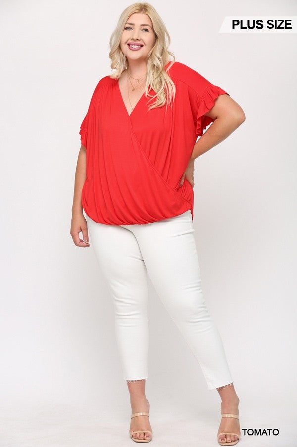 Plus Tomato Red Surplice Top in Viscose Knit with Ruffle Sleeve