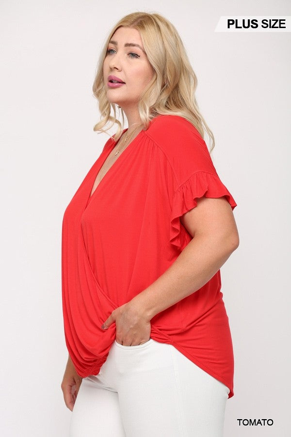 Plus Tomato Red Surplice Top in Viscose Knit with Ruffle Sleeve