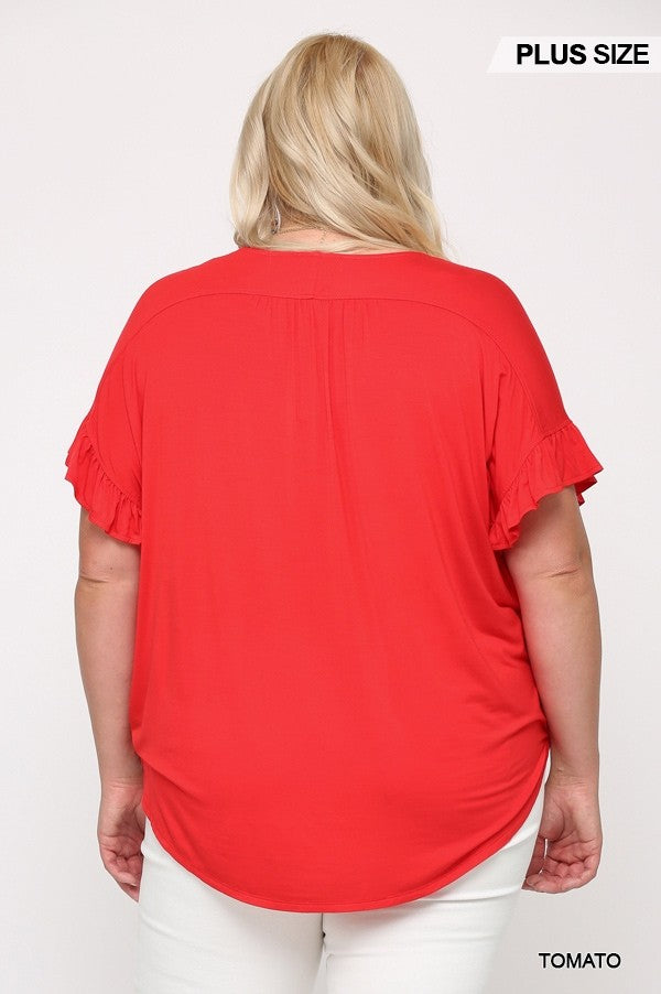 Plus Tomato Red Surplice Top in Viscose Knit with Ruffle Sleeve