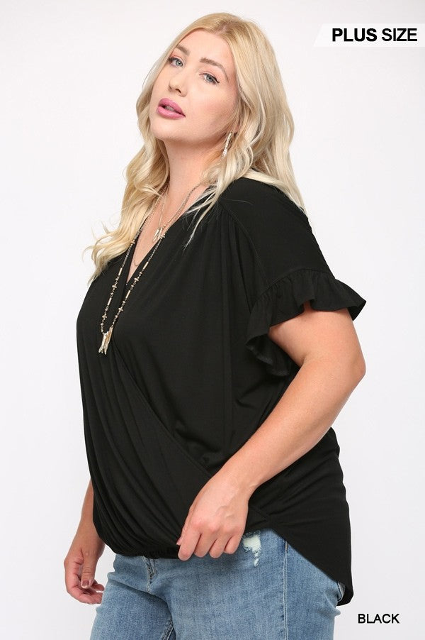 Plus Black Solid Viscose Knit Surplice Top with Ruffle Sleeve