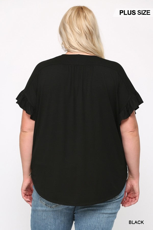Plus Black Solid Viscose Knit Surplice Top with Ruffle Sleeve
