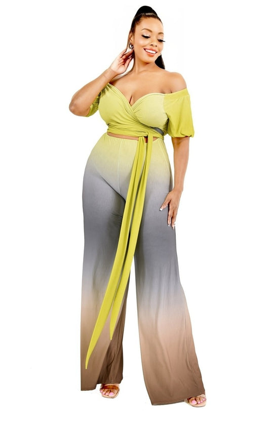 Plus Gradient Off-Shoulder Waist Tie Jumpsuit in Lime/Grey/Brown