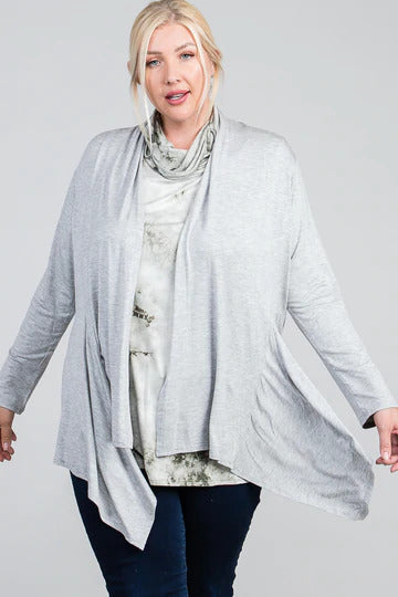 Plus Heather Grey Waist Seam Shark Bite Long Sleeve Open Cardigan