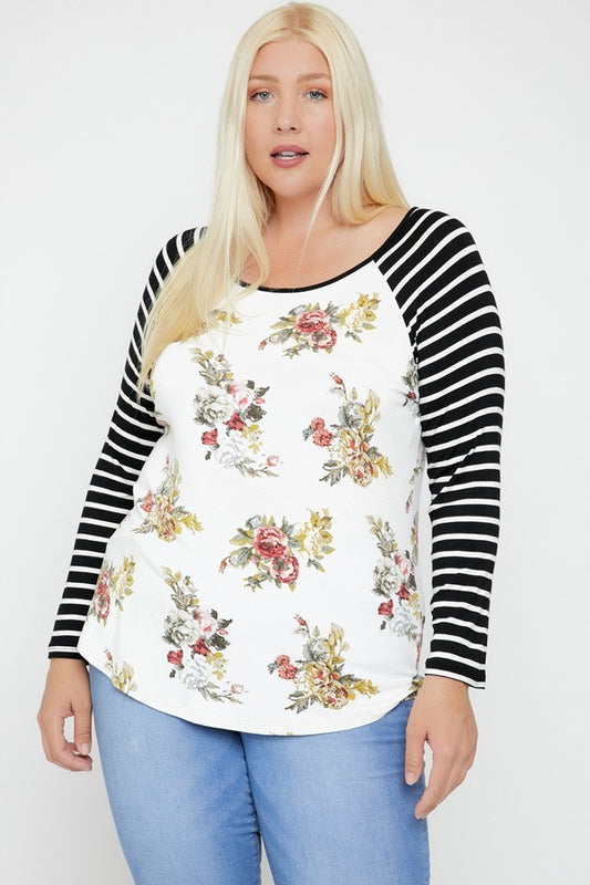 Plus White/Multi Floral Striped Sleeves Top