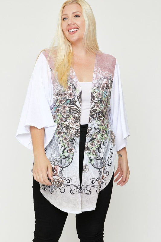 Plus White/Multi Long Body Cardigan