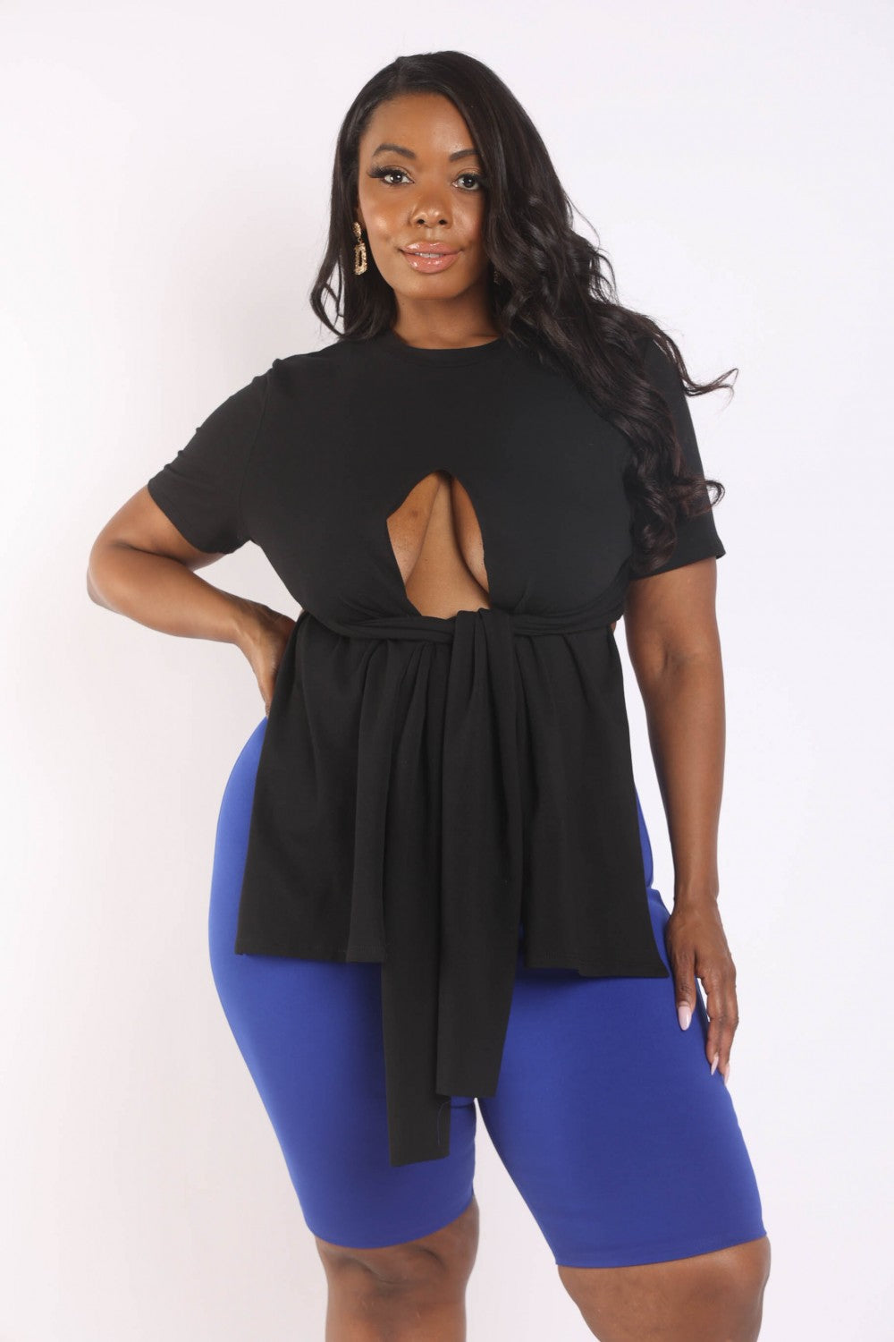 Plus Black Tie Detailed Slit T-shirt