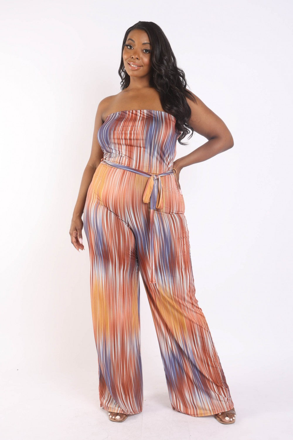 Plus Printed Orange Tube Jumpsuit with Self Belt