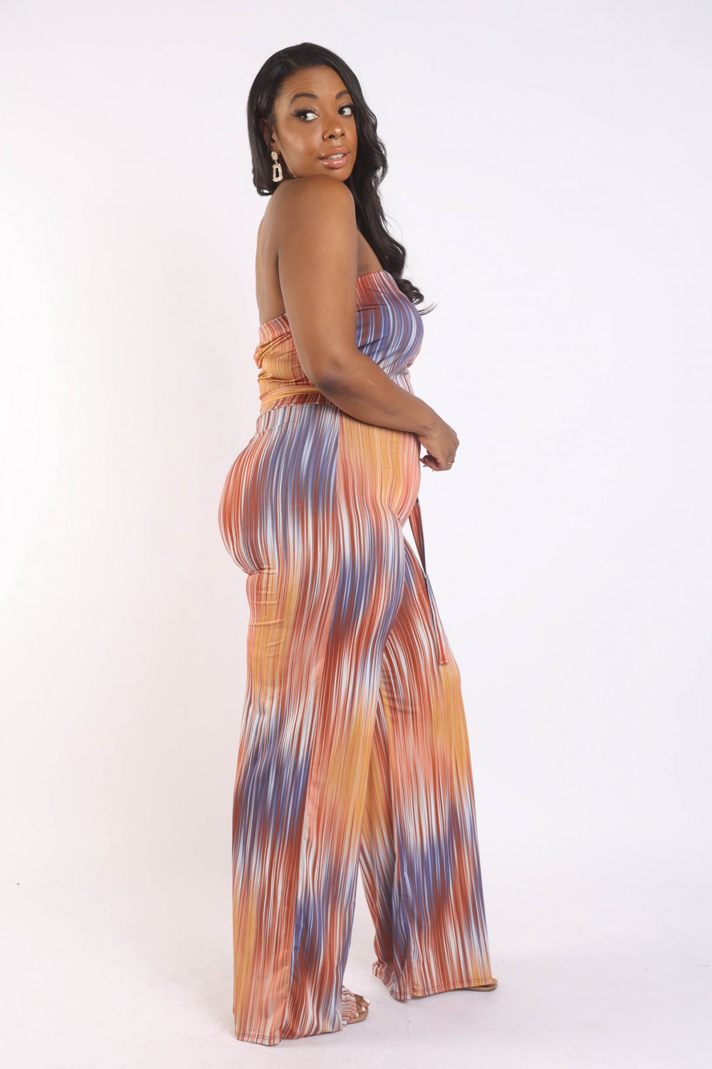 Plus Printed Orange Tube Jumpsuit with Self Belt