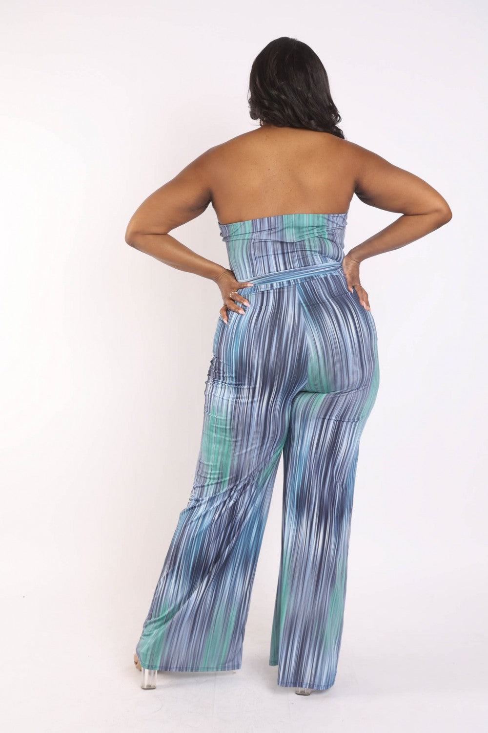 Plus Printed Blue Tube Jumpsuit with Self Belt