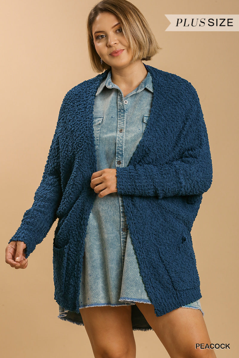 Plus Peacock Open Front Oversized Cardigan Sweater with Pockets