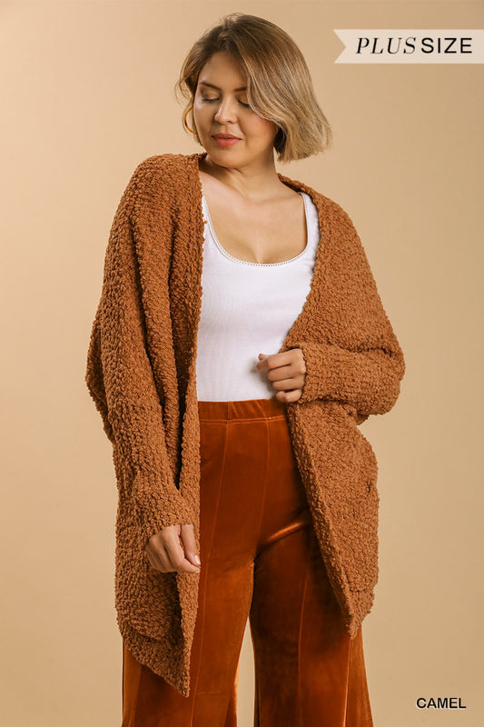 Plus Camel Open Front Oversized Cardigan Sweater with Pockets