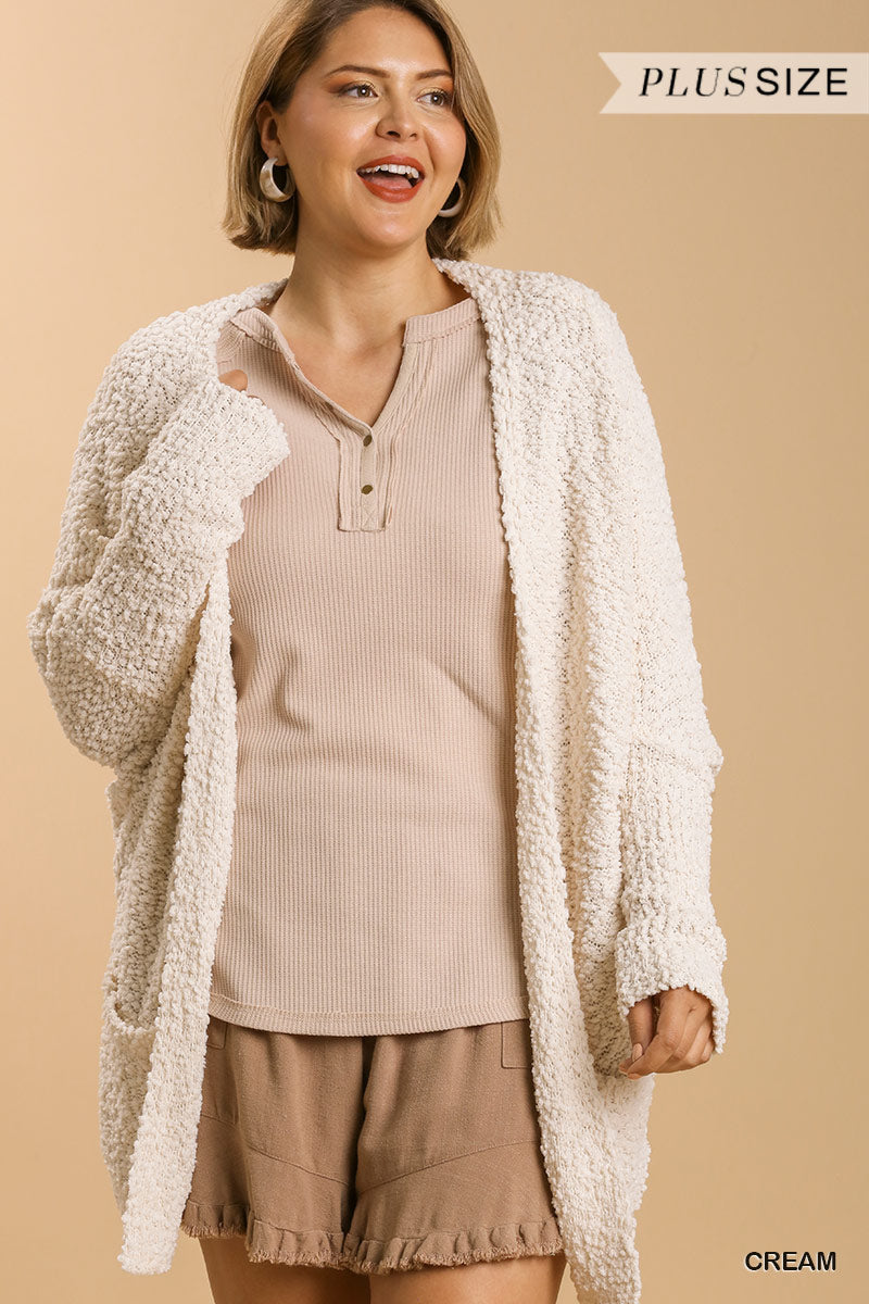 Plus Cream Open Front Oversized Cardigan Sweater with Pockets