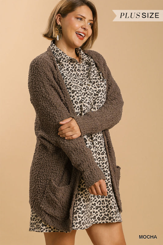 Plus Mocha Open Front Oversized Cardigan Sweater with Pockets