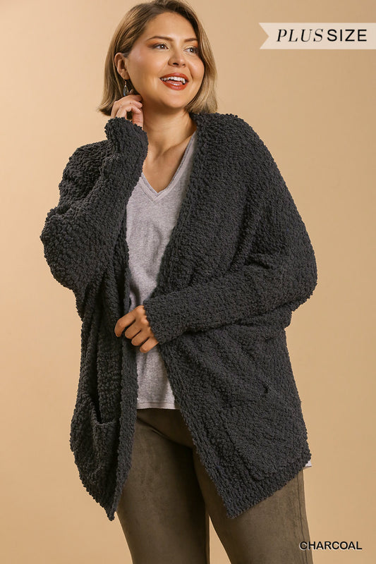 Plus Charcoal Open Front Oversized Cardigan Sweater with Pockets