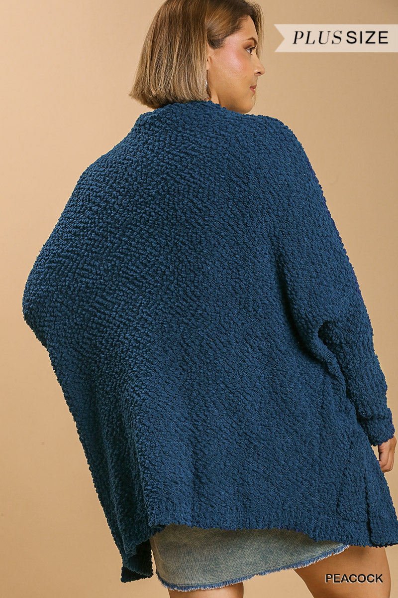 Plus Peacock Open Front Oversized Cardigan Sweater with Pockets