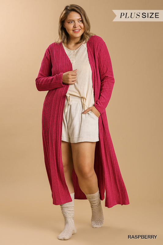 Plus Raspberry Open Front Long Body Cardigan