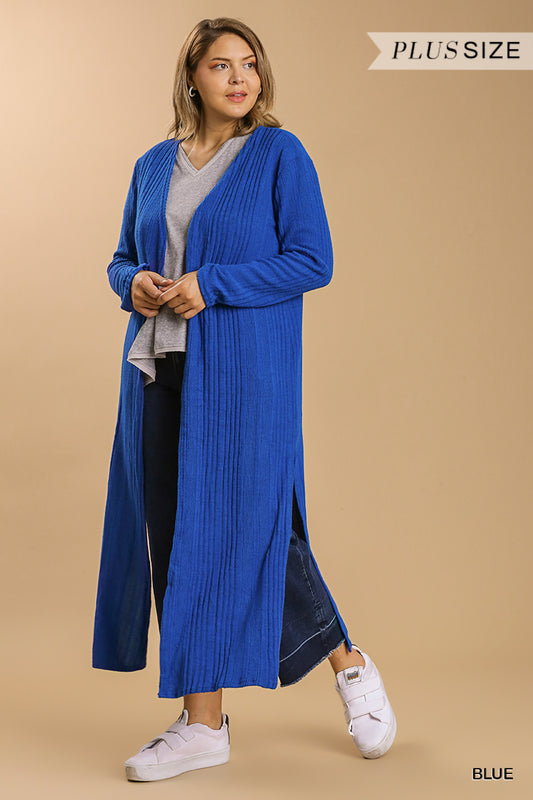 Plus Blue Open Front Long Body Cardigan