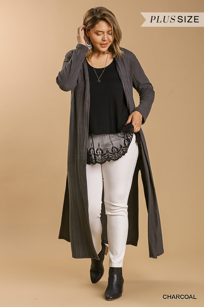 Plus Charcoal Open Front Long Body Cardigan