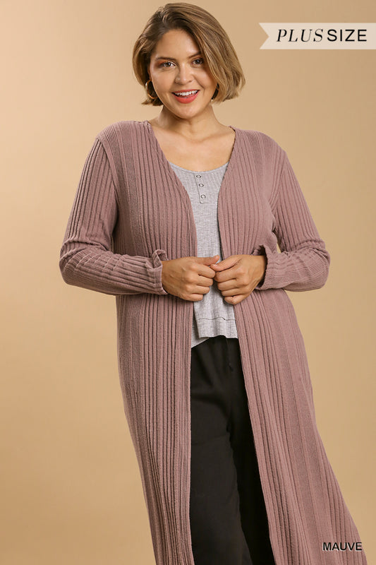 Plus Mauve Open Front Long Body Cardigan