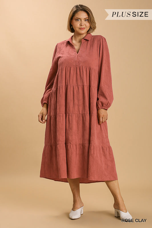 Plus Rose Clay Long Sleeve Collar Split Neck Tiered Maxi Dress