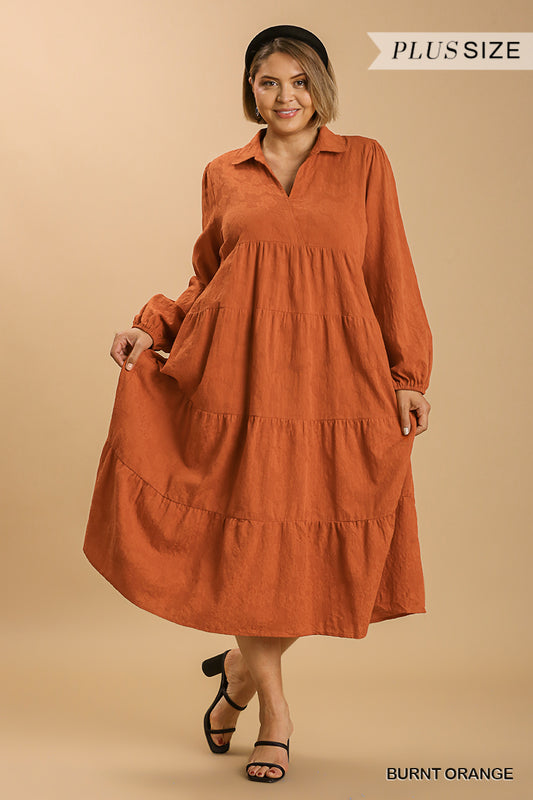 Plus Burnt Orange Long Sleeve Collar Split Neck Tiered Maxi Dress