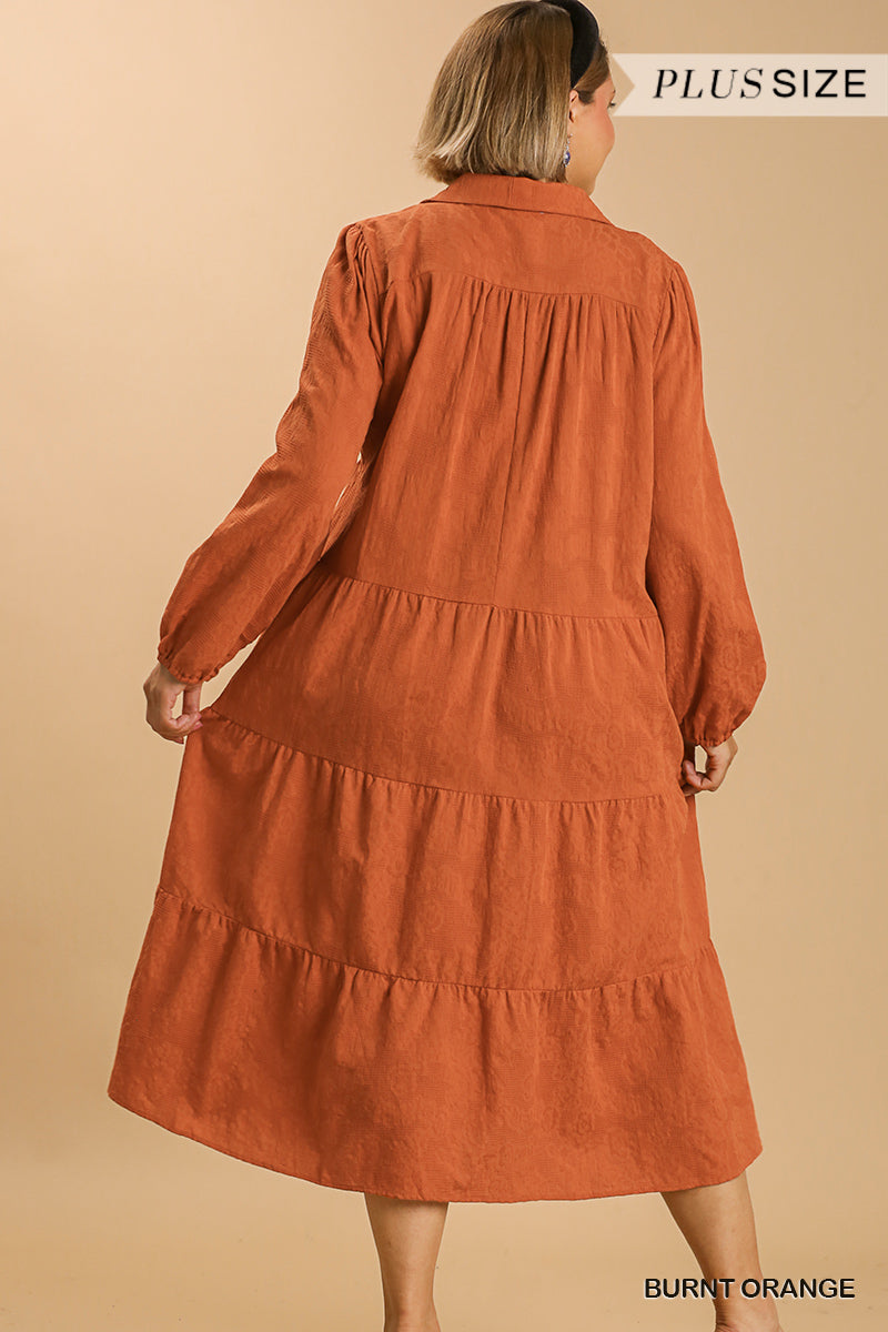 Plus Burnt Orange Long Sleeve Collar Split Neck Tiered Maxi Dress