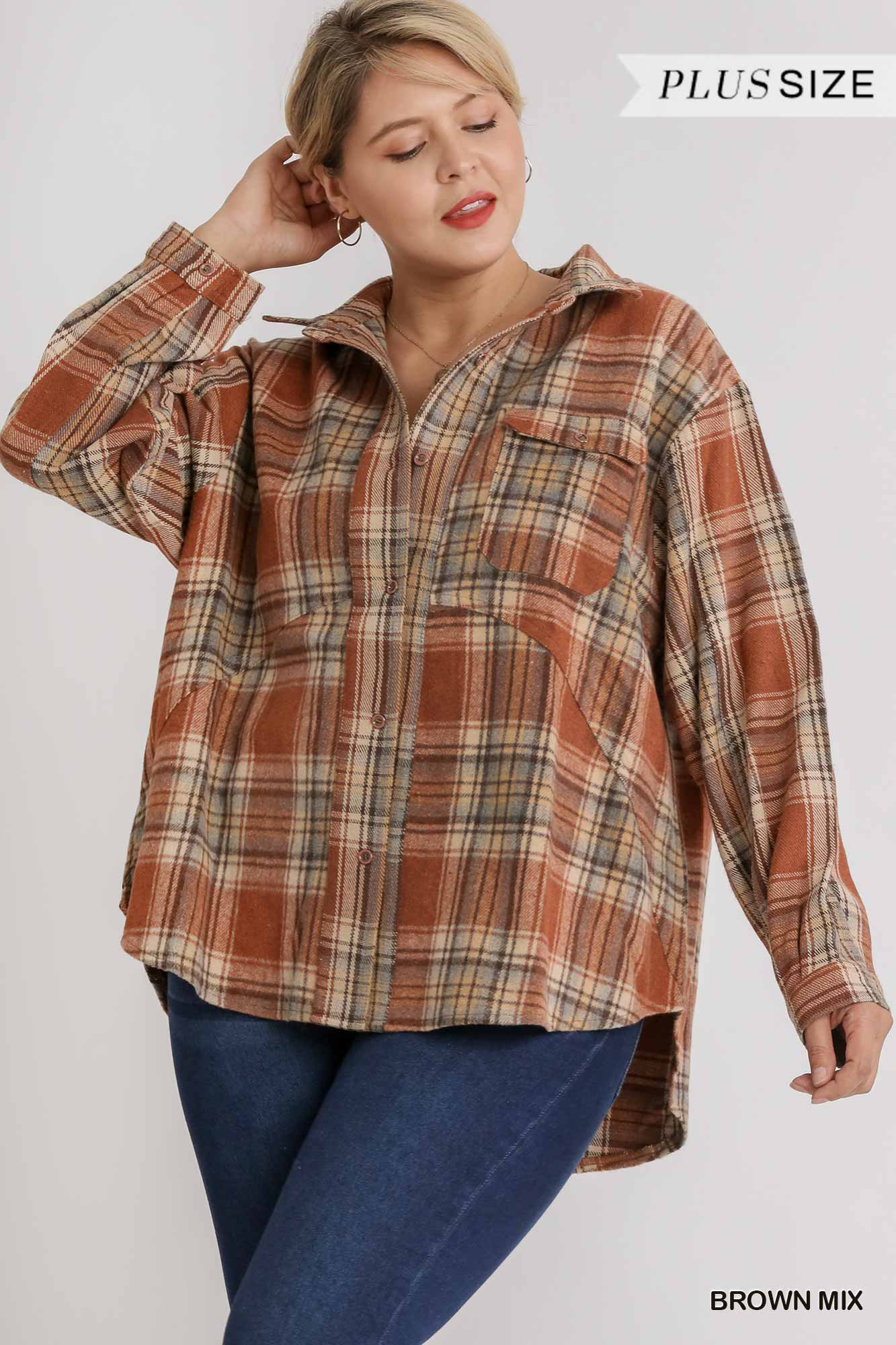 Plus Plaid Brown Collar Button Down Overshirt