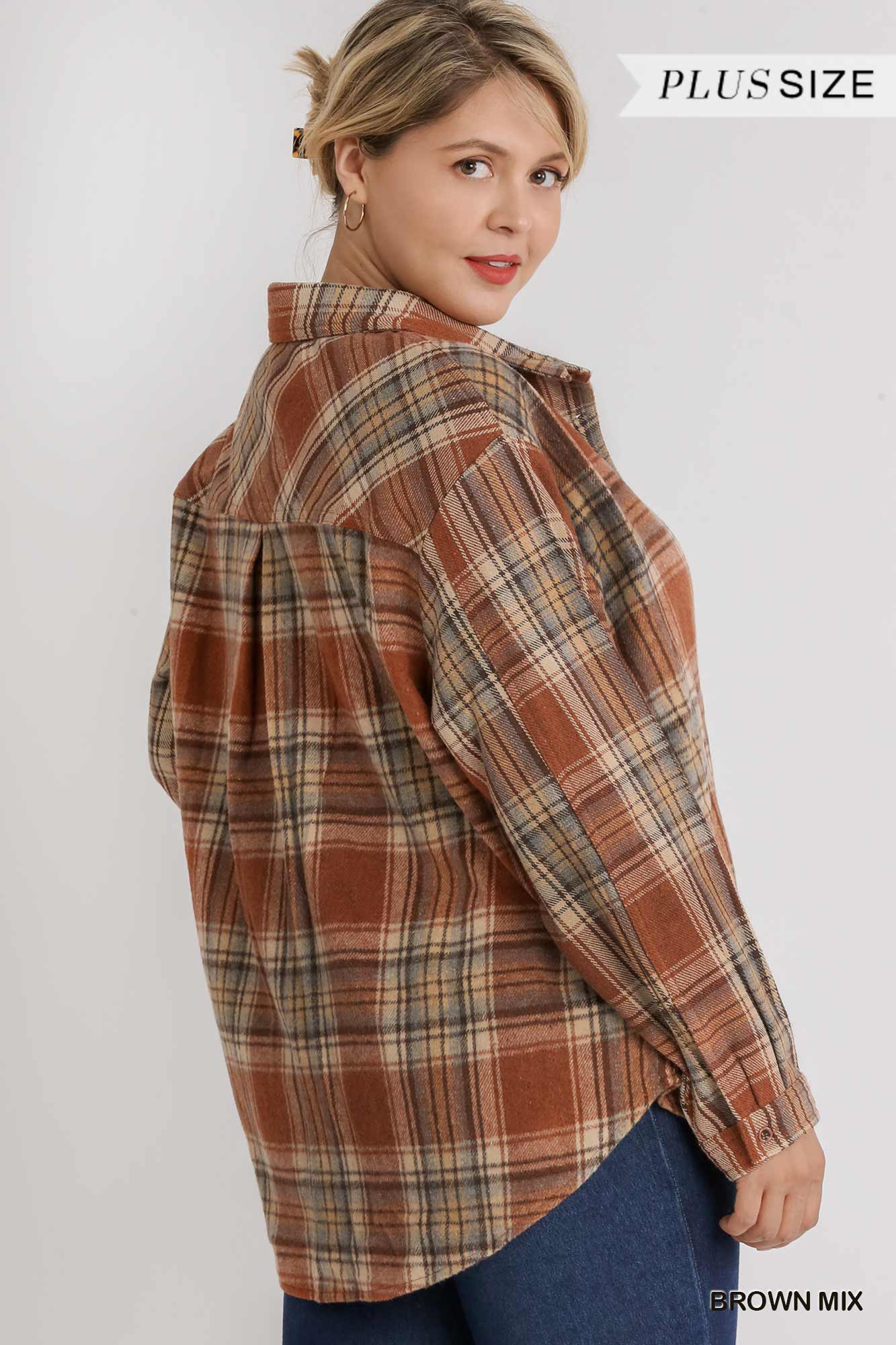 Plus Plaid Brown Collar Button Down Overshirt