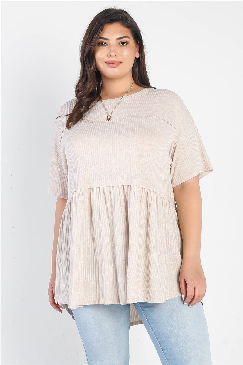 Plus Tan Ribbed Trim Detail Short Sleeve Flare Hem Top