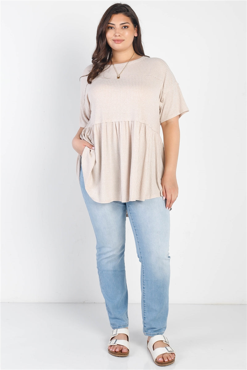 Plus Tan Ribbed Trim Detail Short Sleeve Flare Hem Top