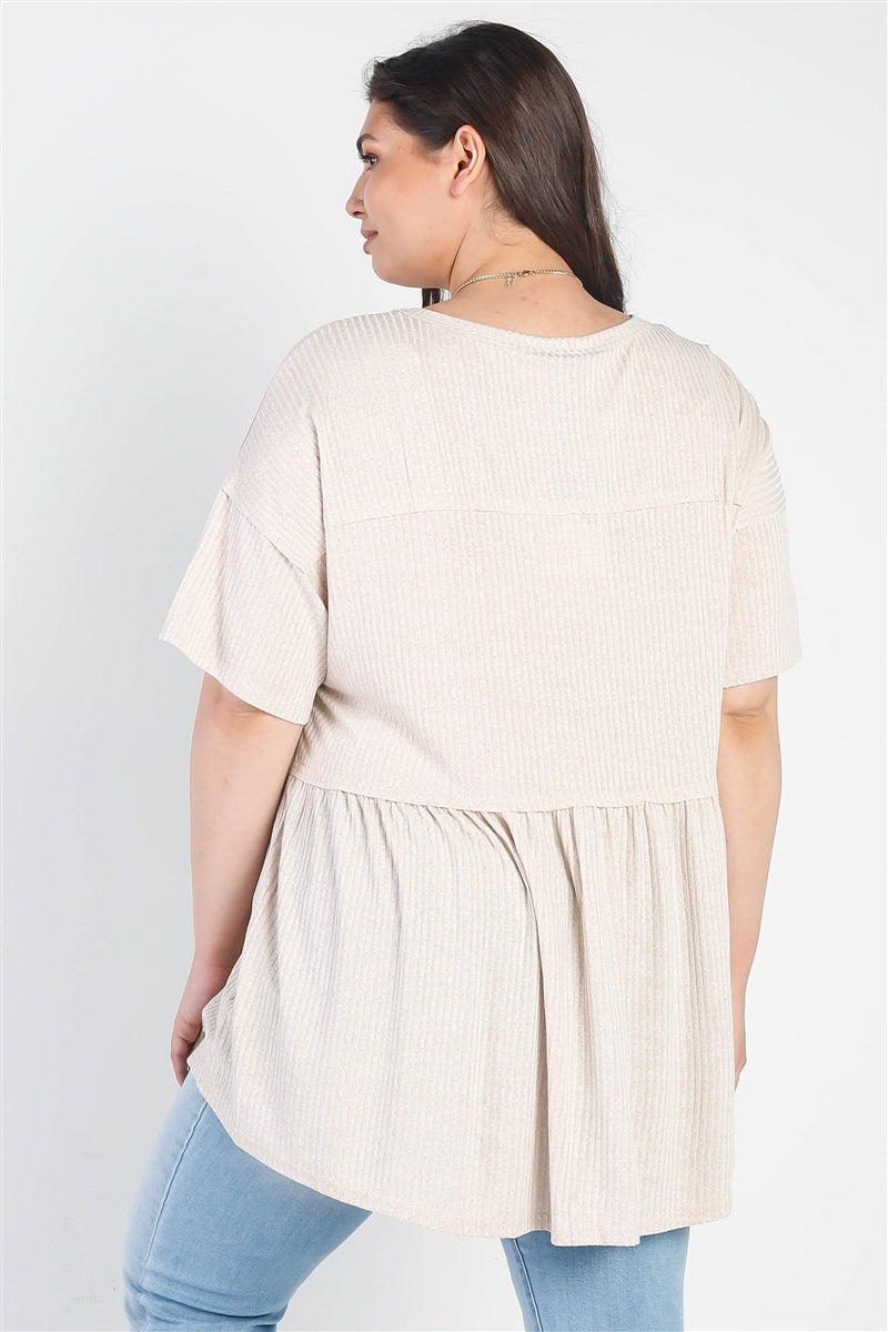 Plus Tan Ribbed Trim Detail Short Sleeve Flare Hem Top