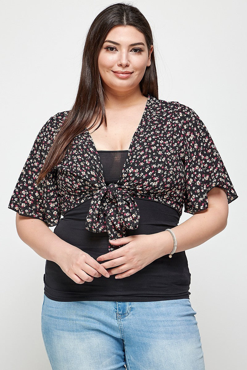 Plus Black Ditsy Floral Print Cropped Bolero Cardigan