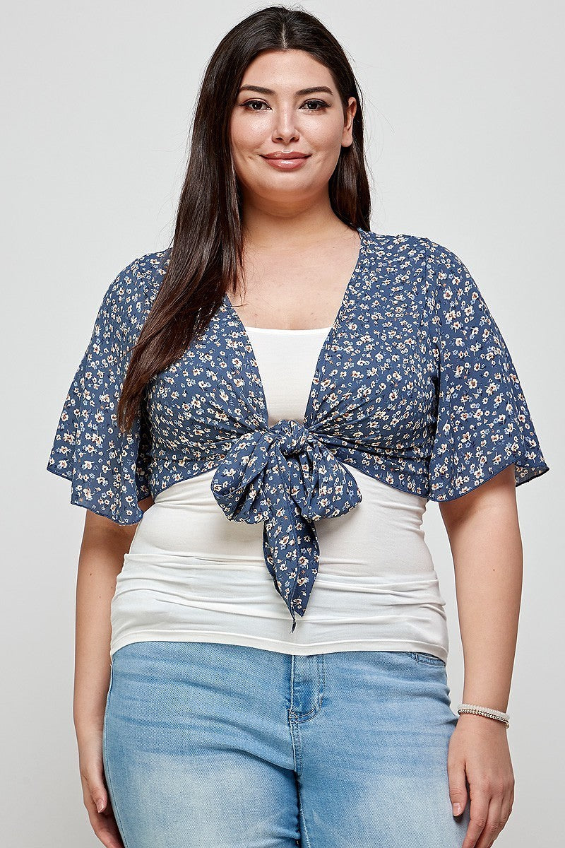 Plus Denim Ditsy Floral Print Cropped Bolero Cardigan