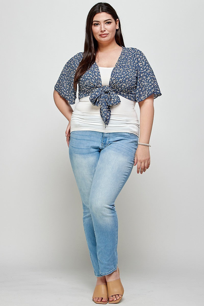 Plus Denim Ditsy Floral Print Cropped Bolero Cardigan