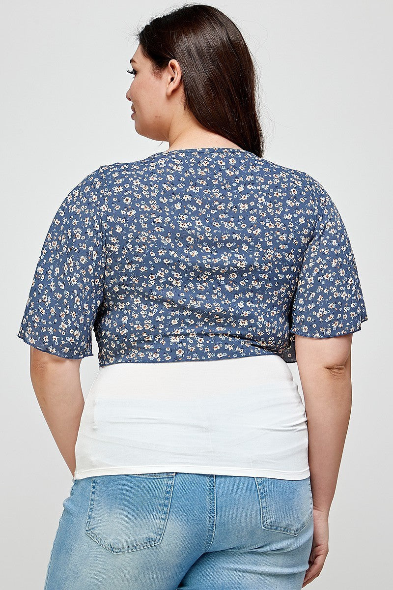 Plus Denim Ditsy Floral Print Cropped Bolero Cardigan