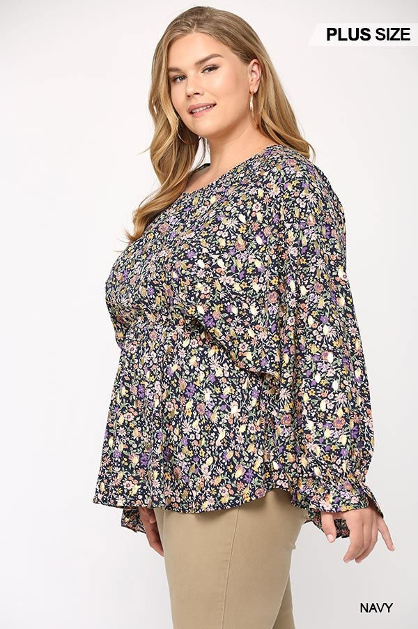 Plus Navy Floral & Gold Foil Top, Elastic Waist, Peplum Hem