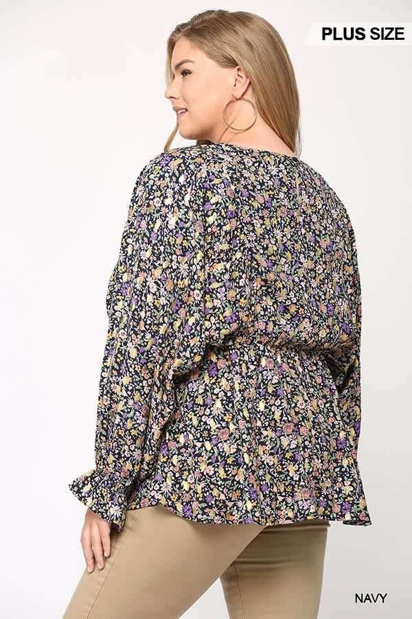 Plus Navy Floral & Gold Foil Top, Elastic Waist, Peplum Hem