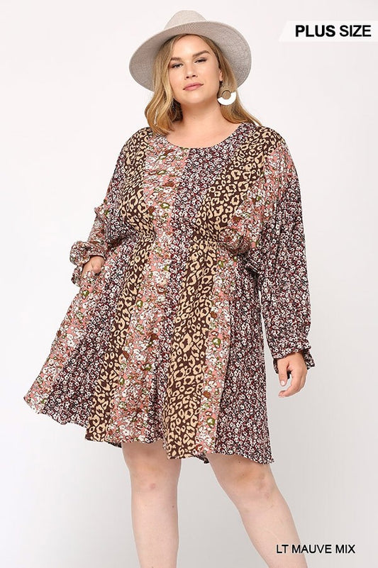 Plus Light Mauve Mix Print Mixed Dolman Sleeve Dress With Side Pockets