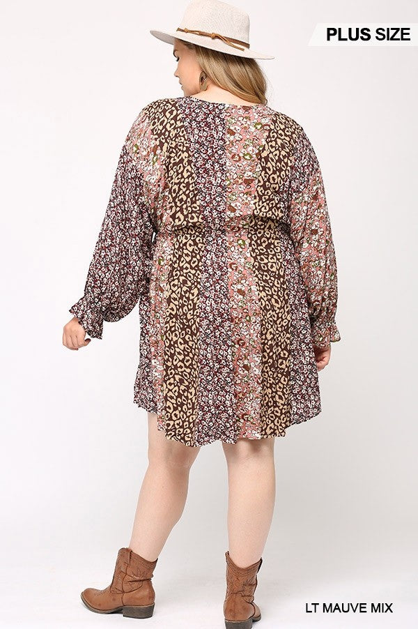 Plus Light Mauve Mix Print Mixed Dolman Sleeve Dress With Side Pockets