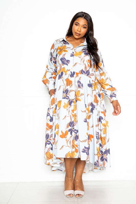 Plus Printed Tiered Shirt Dress with Puff Sleeves