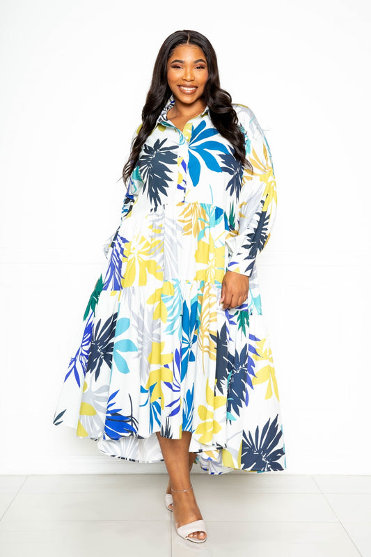 Plus Blue Floral Printed Tiered Shirt Dress with Puff Sleeves