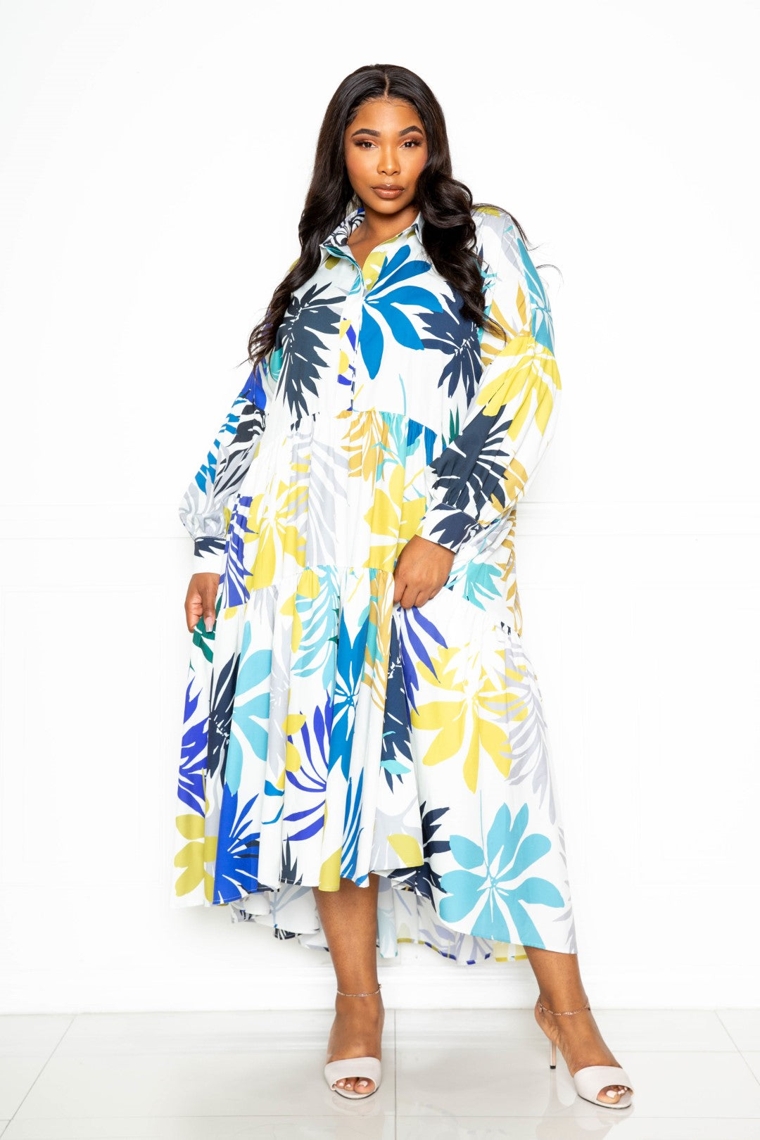 Plus Blue Floral Printed Tiered Shirt Dress with Puff Sleeves