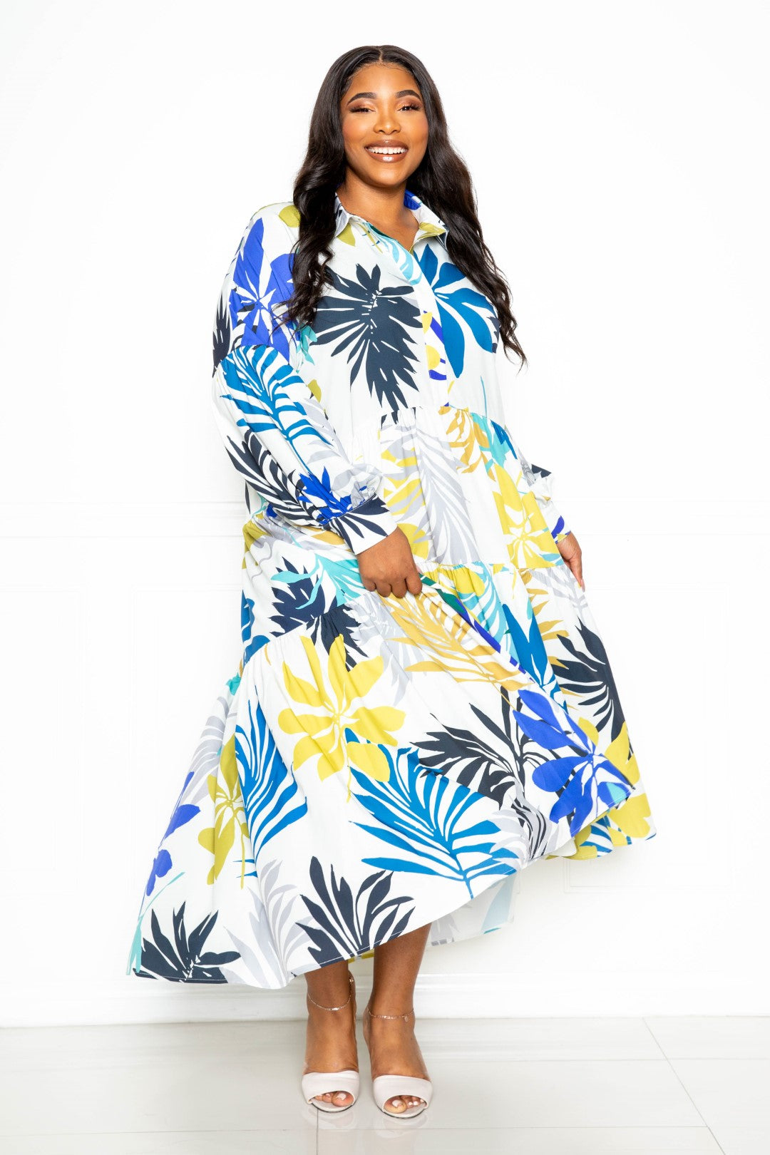 Plus Blue Floral Printed Tiered Shirt Dress with Puff Sleeves