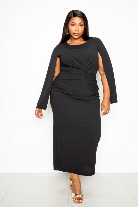 Plus Black Cape Sleeve Dress with Knot Detail