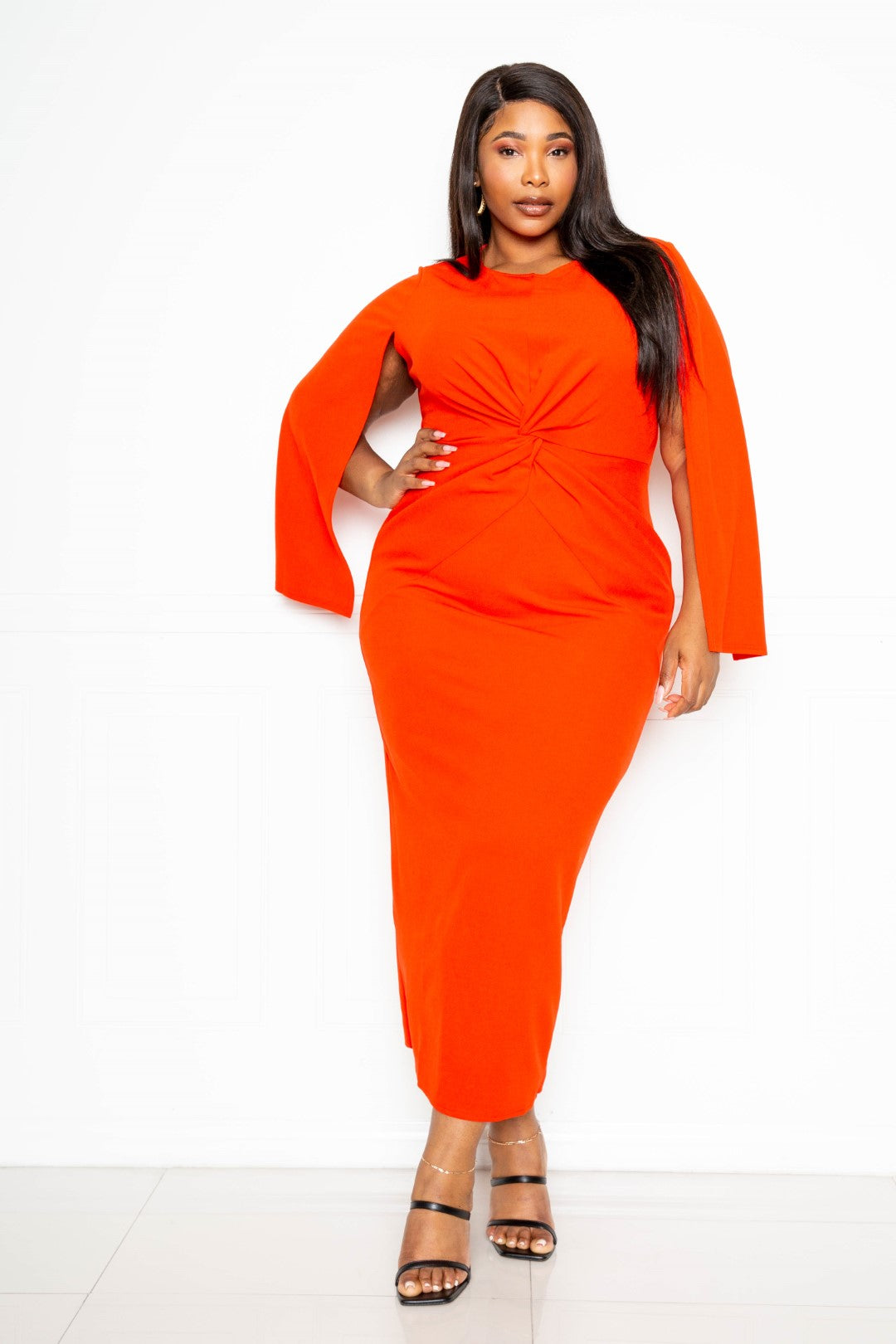 Plus Orange Red Cape Sleeve Dress with Knot Detail