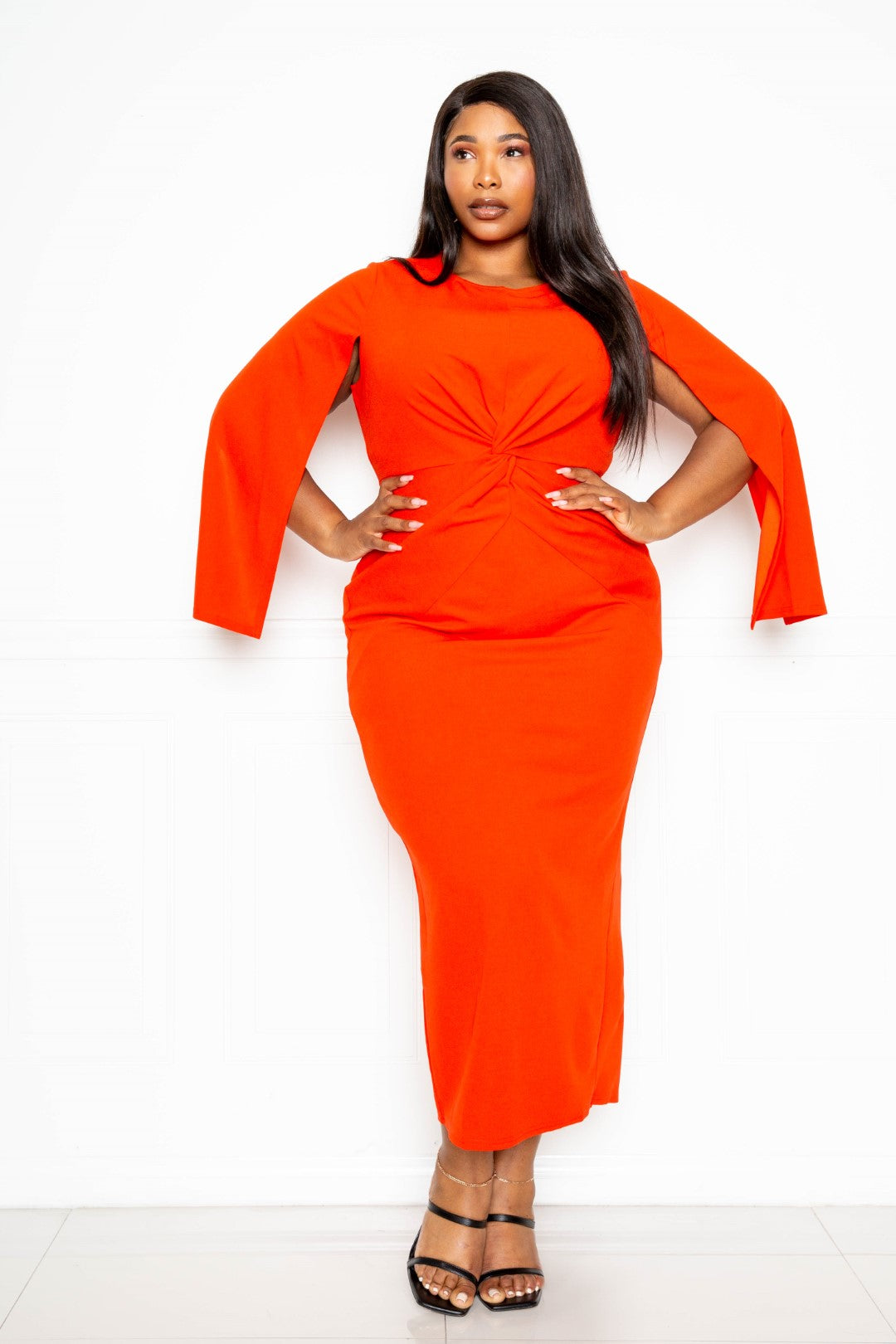 Plus Orange Red Cape Sleeve Dress with Knot Detail