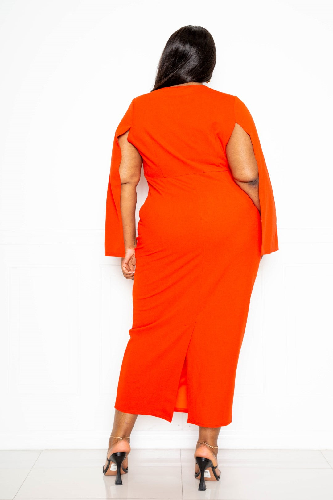 Plus Orange Red Cape Sleeve Dress with Knot Detail