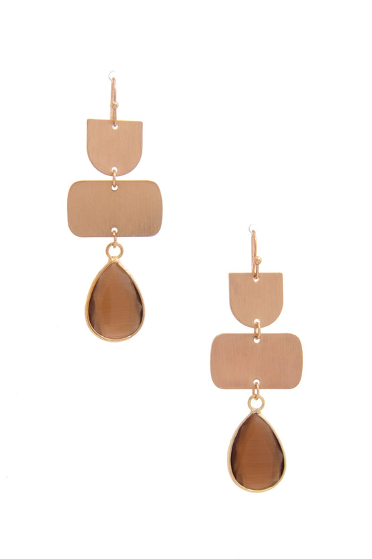 Teardrop Gem Multi Shape Dangle Earrings in Brown, Coral, Teal, and Mustard