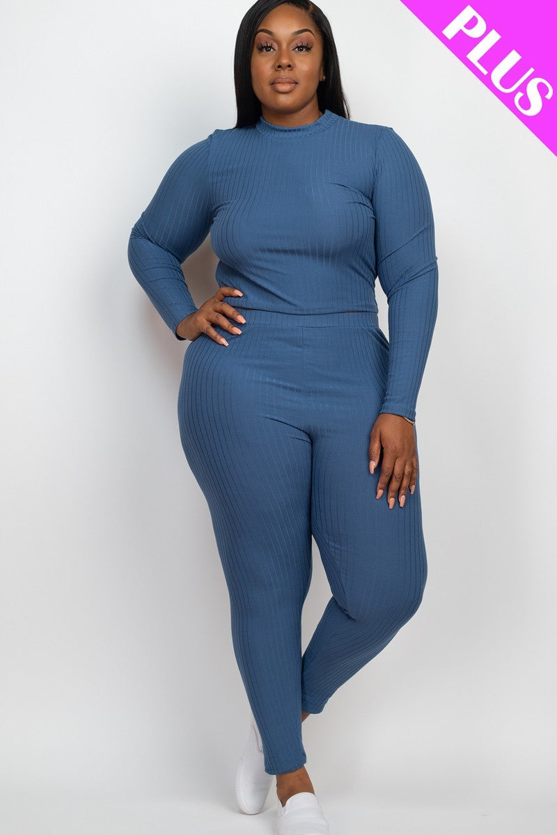 Plus Blue Haze Ribbed Mock Neck Long Sleeve Top & Leggings Set