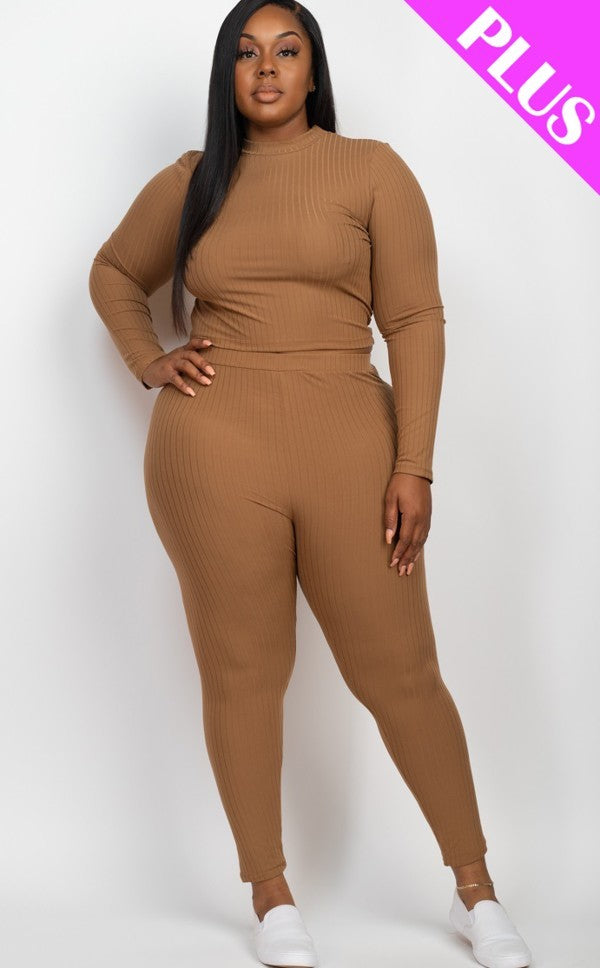 Plus Mocha Ribbed Mock Neck Long Sleeve Top & Leggings Set